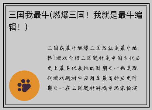 三国我最牛(燃爆三国！我就是最牛编辑！)